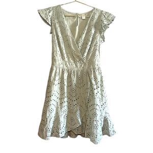 Japna Light Green Eyelet Flutter Sleeve Embroidered Ruffle Mini Dress | SZ L